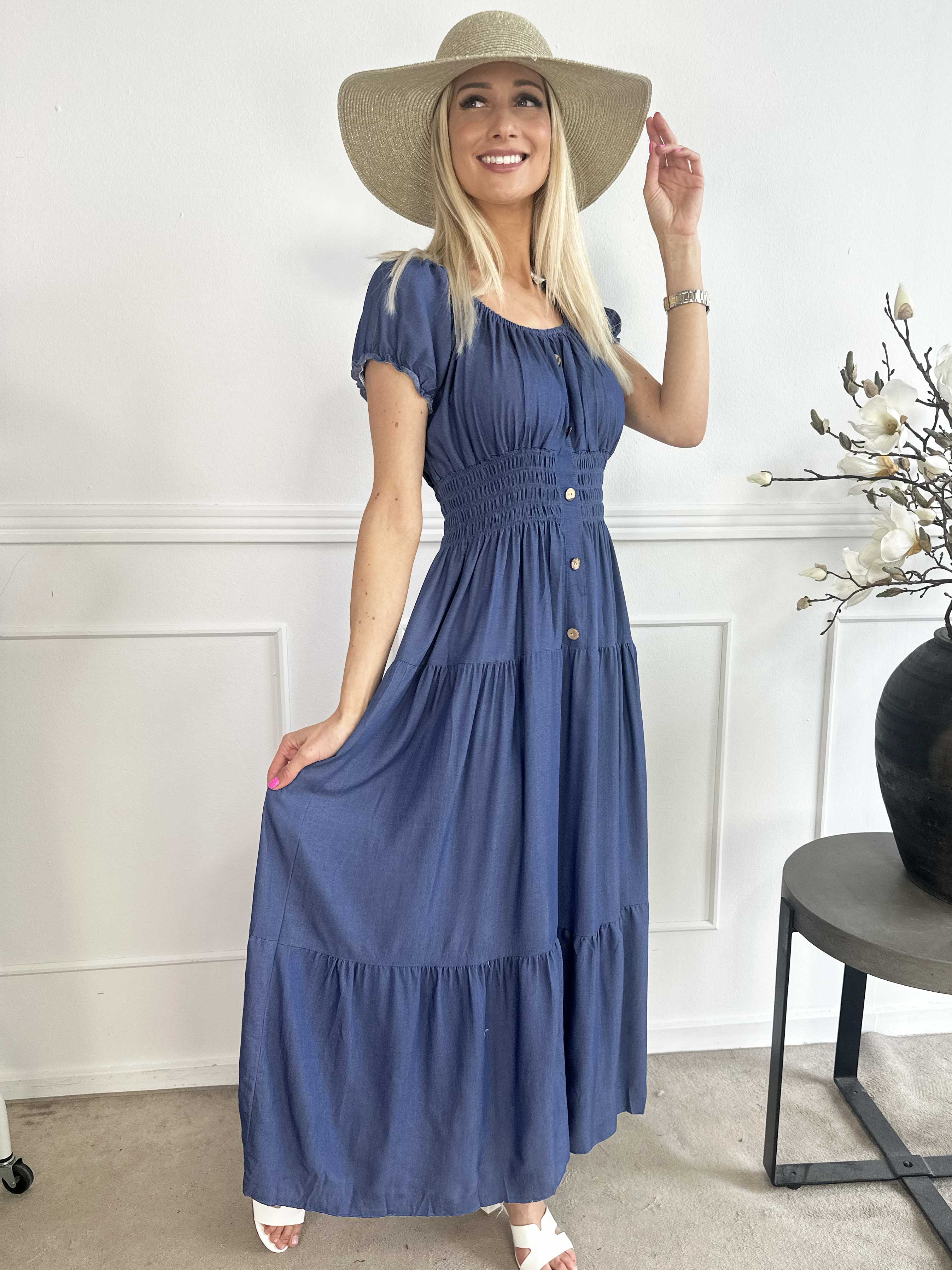 Alexina - Lang kjole i denimlook med elastik i taljen